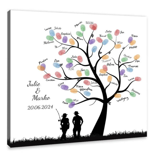 Pesca en lienzo con huellas dactilares - pareja de pescadores bajo un árbol