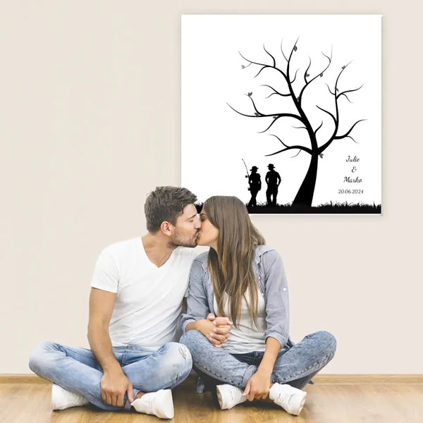 Pesca en lienzo con huellas dactilares - pareja de pescadores bajo un árbol