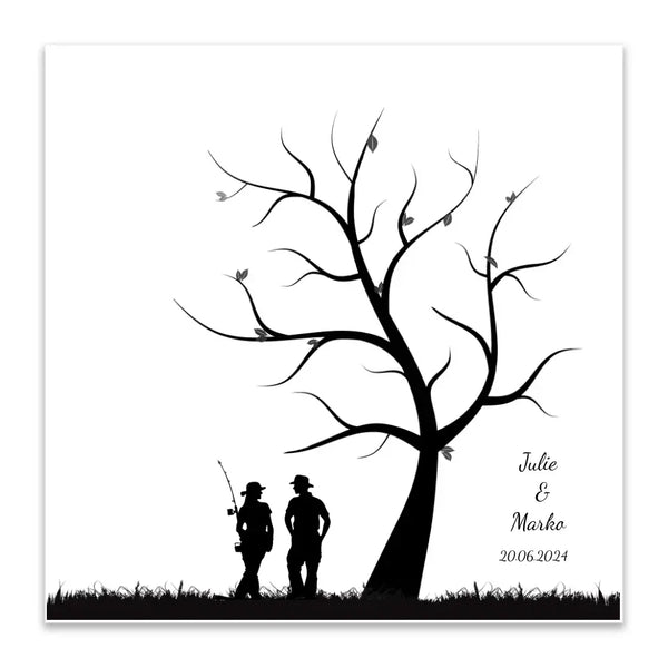 Pesca en lienzo con huellas dactilares - pareja de pescadores bajo un árbol