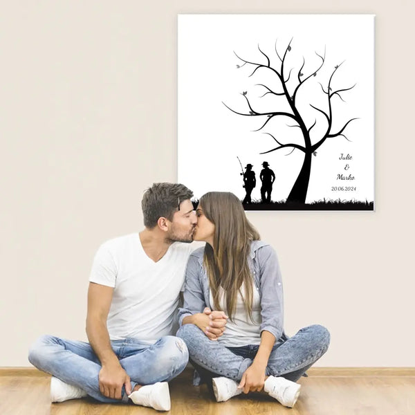 Pesca en lienzo con huellas dactilares - pareja de pescadores bajo un árbol