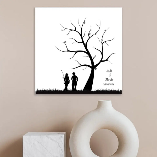 Pesca en lienzo con huellas dactilares - pareja de pescadores bajo un árbol