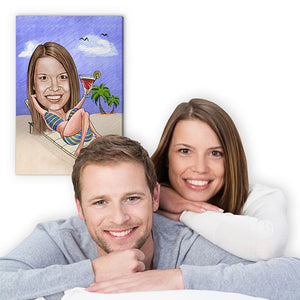 Karikatur vom Foto - Bikini am Strand mit Cocktail Zeichnung mit rot (ca102pen-color) - Lustige individuelle Karikatur vom eigenen Foto