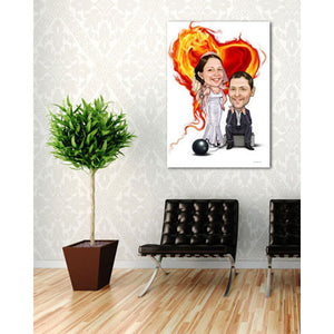 Karikatur vom Foto - Hochzeitspaar brennendes Herz (ca1206) - Lustige individuelle Karikatur vom eigenen Foto