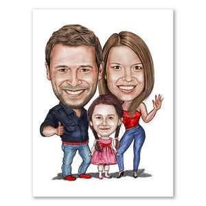 Karikatur vom Foto - Familie Mama Papa Kind Portrait Zeichnung mit rot (ca1311pen-color) - Lustige individuelle Karikatur vom eigenen Foto