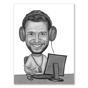 Karikatur vom Foto - Gamer am Computer Zeichnung mit rot (ca182pen) - Lustige individuelle Karikatur vom eigenen Foto