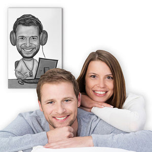 Karikatur vom Foto - Gamer am Computer Zeichnung mit rot (ca182pen) - Lustige individuelle Karikatur vom eigenen Foto