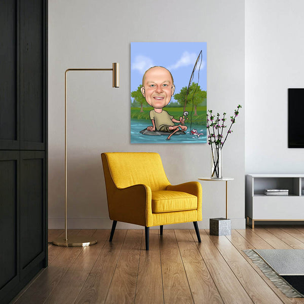 Karikatur vom Foto - Angler mit Haien2 (ca186) - Lustige individuelle Karikatur vom eigenen Foto