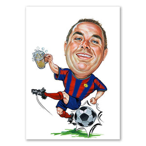 Karikatur vom Foto - Fussballer mit Bier Blau-Rot (ca2022) - Lustige individuelle Karikatur vom eigenen Foto