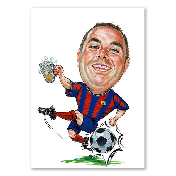 Karikatur vom Foto - Fussballer mit Bier Blau-Rot (ca2022) - Lustige individuelle Karikatur vom eigenen Foto