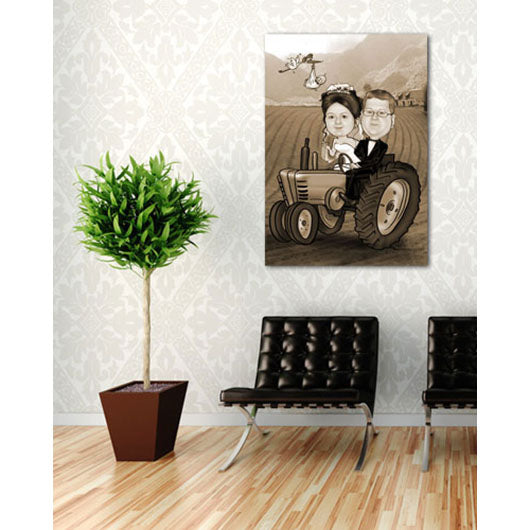 Karikatur vom Foto - Hochzeit Traktor Bauernhof Sepia (ca238se) - Lustige individuelle Karikatur vom eigenen Foto