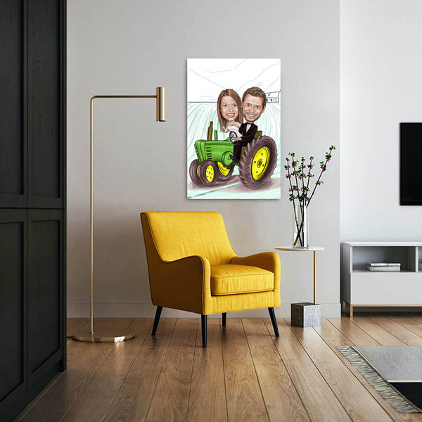 Karikatur vom Foto - Hochzeit Traktor Bauernhof Zeichnung farbig (ca238pen-color) - Lustige individuelle Karikatur vom eigenen Foto