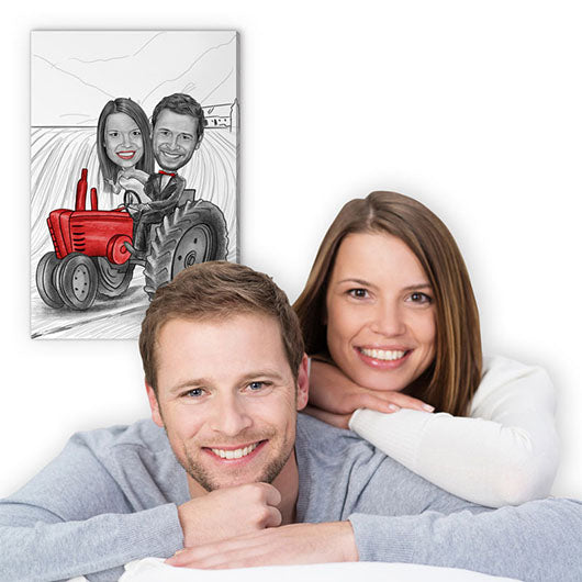 Karikatur vom Foto - Hochzeit Traktor Bauernhof Zeichnung mit rot (ca238pen-red) - Lustige individuelle Karikatur vom eigenen Foto
