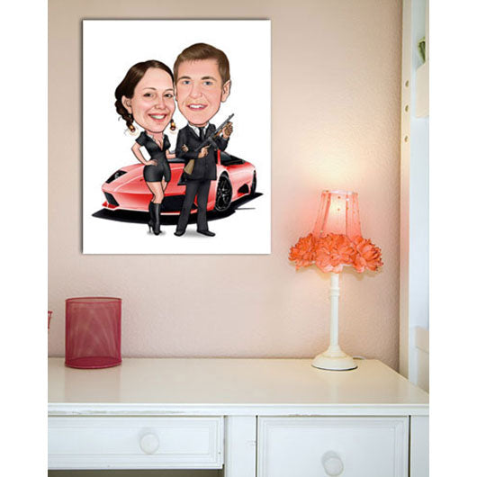 Karikatur vom Foto - Agent und Girl WB (ca249wb) - Lustige individuelle Karikatur vom eigenen Foto