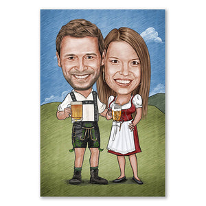 Karikatur vom Foto - Wiesn Paar Zeichnung mit rot (ca254pen-color) - Lustige individuelle Karikatur vom eigenen Foto