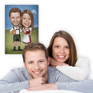 Karikatur vom Foto - Wiesn Paar Zeichnung mit rot (ca254pen-color) - Lustige individuelle Karikatur vom eigenen Foto