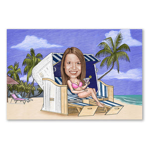 Karikatur vom Foto - Im Strandkorb Zeichnung farbig (ca287women-pen-color) - Lustige individuelle Karikatur vom eigenen Foto