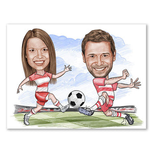 Karikatur vom Foto - Fussball weiss rot (andere Vereins-Shirts mgl.) Paar Zeichnung farbig (ca309couple-pen-color) - Lustige individuelle Karikatur vom eigenen Foto