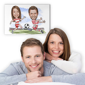 Karikatur vom Foto - Fussball weiss rot (andere Vereins-Shirts mgl.) Paar Zeichnung farbig (ca309couple-pen-color) - Lustige individuelle Karikatur vom eigenen Foto