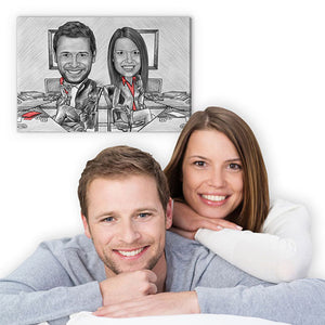 Karikatur vom Foto - Manager busy Paar mit Zeichnung mit rot (ca357couple-pen-red) - Lustige individuelle Karikatur vom eigenen Foto
