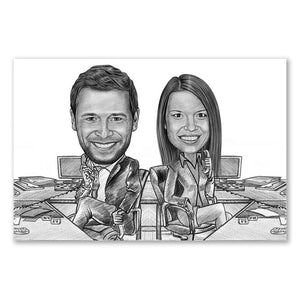 Karikatur vom Foto - Manager busy Paar mit Zeichnung (ca357couple-pen) - Lustige individuelle Karikatur vom eigenen Foto