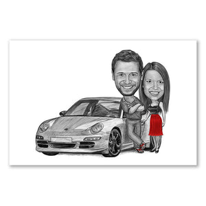 Karikatur vom Foto - Mein Auto (andere Automarken mgl.) Paar Zeichnung mit rot (ca392couple-pen-red) - Lustige individuelle Karikatur vom eigenen Foto