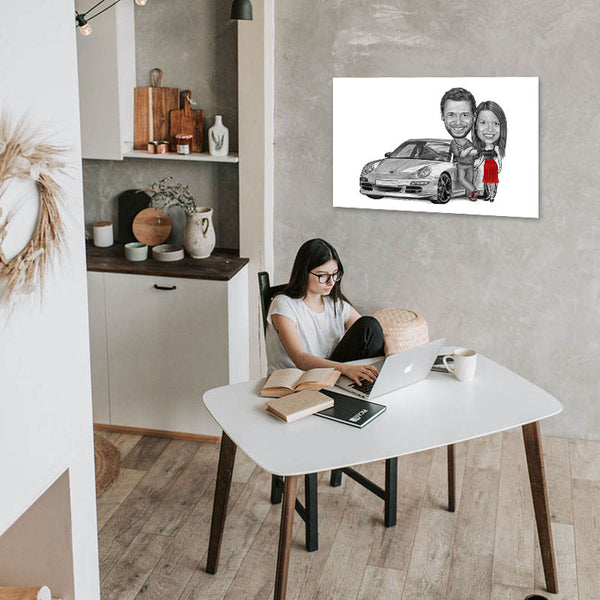 Karikatur vom Foto - Mein Auto (andere Automarken mgl.) Paar Zeichnung mit rot (ca392couple-pen-red) - Lustige individuelle Karikatur vom eigenen Foto