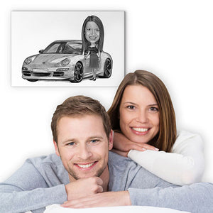 Karikatur vom Foto - Mein Auto (andere Automarken mgl.) Frau Zeichnung (ca392woman-pen) - Lustige individuelle Karikatur vom eigenen Foto