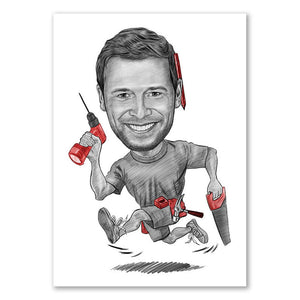 Karikatur vom Foto - Handwerker im Laufschritt Zeichnung in rot (ca4071pen-red) - Lustige individuelle Karikatur vom eigenen Foto