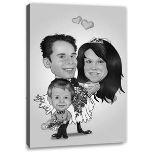 Karikatur vom Foto - Hochzeitspaar mit Sohnemann SW (ca609sw) - Lustige individuelle Karikatur vom eigenen Foto