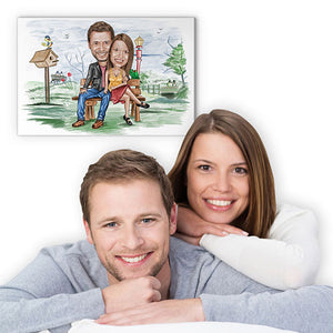 Karikatur vom Foto - Auf der Parkbank Zeichnung farbig (ca6231pen-color) - Lustige individuelle Karikatur vom eigenen Foto