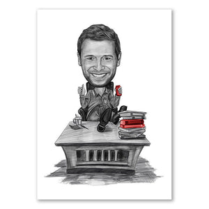 Karikatur vom Foto - Im Büro Zeichnung mit rot (ca6381pen-red) - Lustige individuelle Karikatur vom eigenen Foto