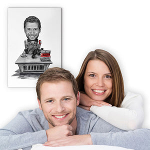 Karikatur vom Foto - Im Büro Zeichnung mit rot (ca6381pen-red) - Lustige individuelle Karikatur vom eigenen Foto