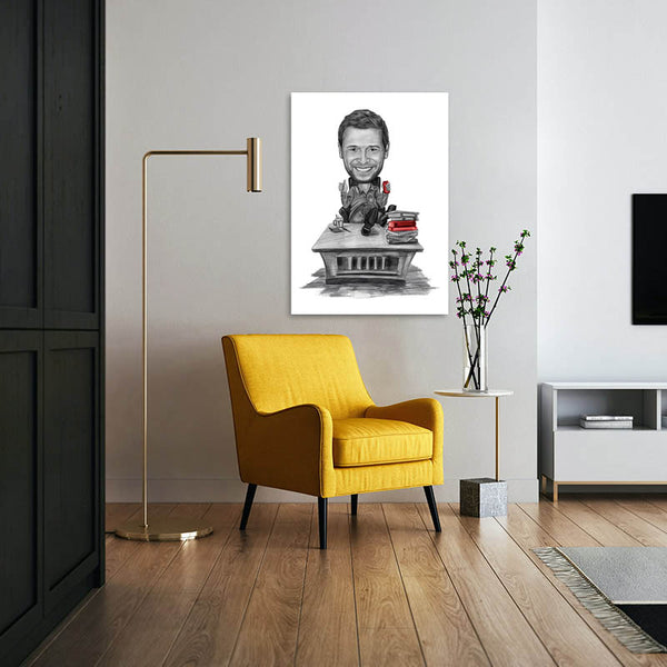 Karikatur vom Foto - Im Büro Zeichnung mit rot (ca6381pen-red) - Lustige individuelle Karikatur vom eigenen Foto