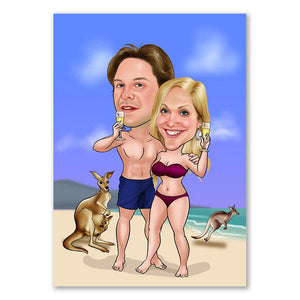 Karikatur vom Foto - nicht alleine am Strand (ca712) - Lustige individuelle Karikatur vom eigenen Foto