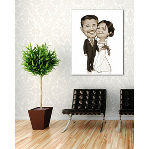 Karikatur vom Foto - Kuschelndes Hochzeitspaar Sepia (ca911se) - Lustige individuelle Karikatur vom eigenen Foto