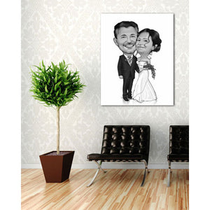 Karikatur vom Foto - Kuschelndes Hochzeitspaar SW (ca911sw) - Lustige individuelle Karikatur vom eigenen Foto