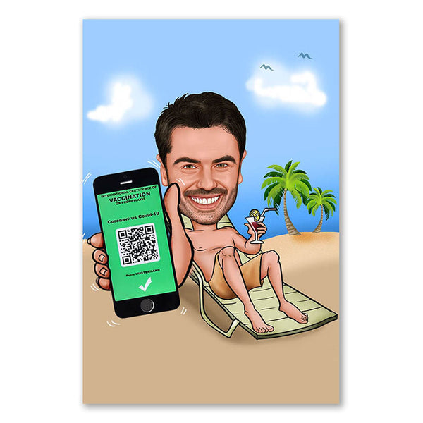 Karikatur vom Foto - Urlaub mit digitalem Impfpass (ca986) - Lustige individuelle Karikatur vom eigenen Foto
