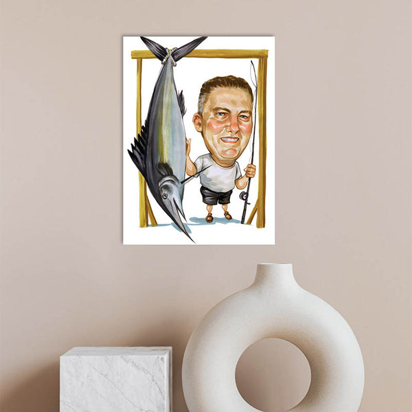 Karikatur vom Foto - Schwertfisch am Hacken (cdi299) - Lustige individuelle Karikatur vom eigenen Foto