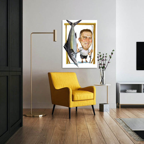 Karikatur vom Foto - Schwertfisch am Hacken (cdi299) - Lustige individuelle Karikatur vom eigenen Foto