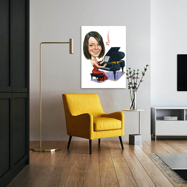 Karikatur vom Foto - Pianisten im rotem Kleid (cdi370) - Lustige individuelle Karikatur vom eigenen Foto