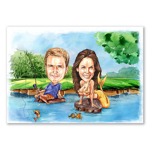 Karikatur vom Foto - Angler mit Nixe (cdi460) - Lustige individuelle Karikatur vom eigenen Foto