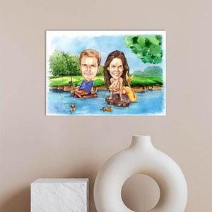 Karikatur vom Foto - Angler mit Nixe (cdi460) - Lustige individuelle Karikatur vom eigenen Foto