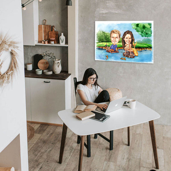 Karikatur vom Foto - Angler mit Nixe (cdi460) - Lustige individuelle Karikatur vom eigenen Foto