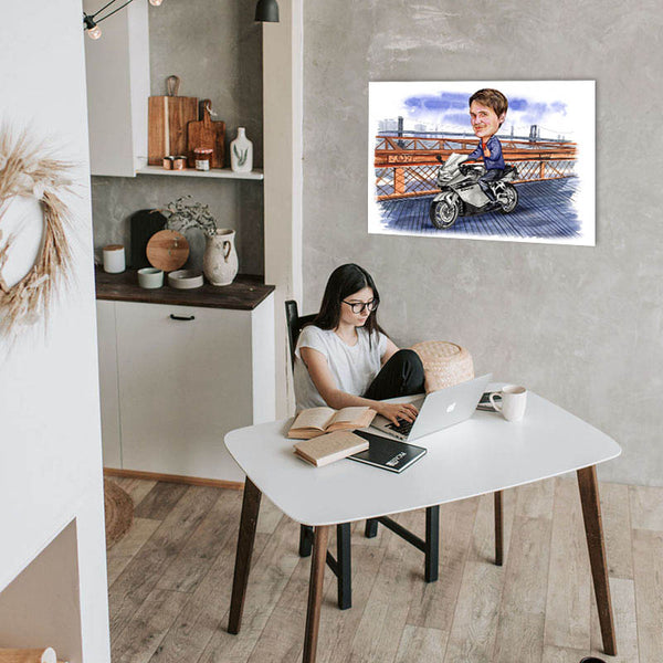 Karikatur vom Foto - Biker auf Brücke (cdi474) - Lustige individuelle Karikatur vom eigenen Foto