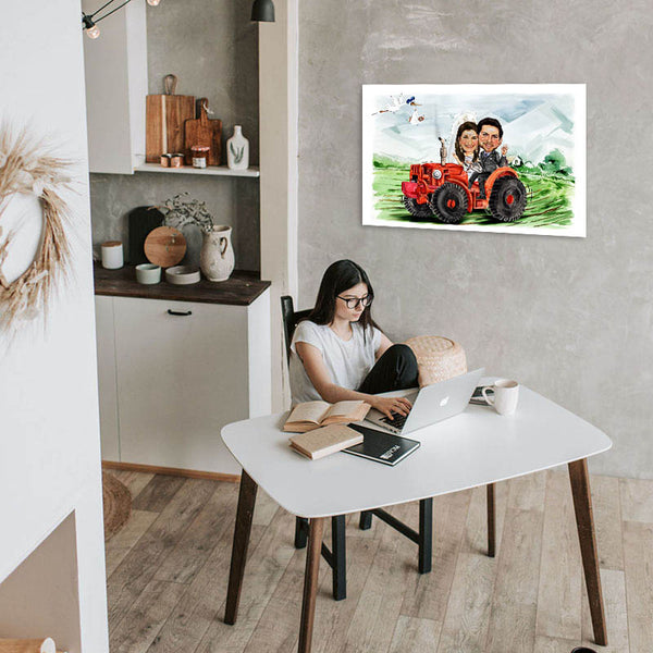 Karikatur vom Foto - Hochzeit auf dem Trecker (cdi478) - Lustige individuelle Karikatur vom eigenen Foto