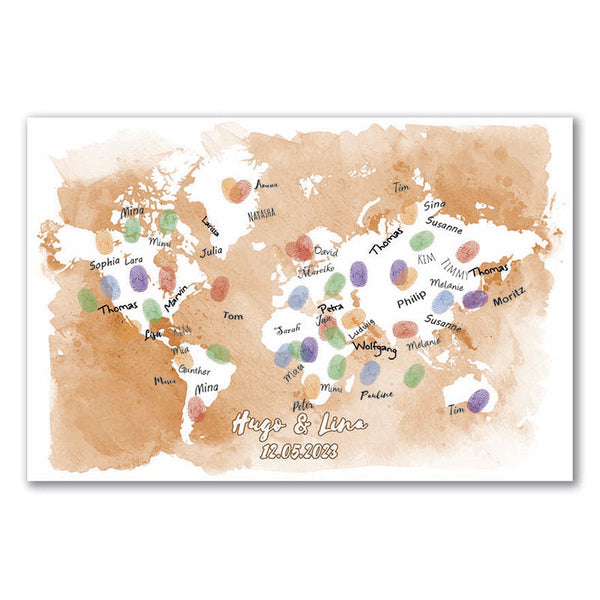Fingerabdruck-Leinwand - Weltkarte Braun - Fingerabdruck Leinwand