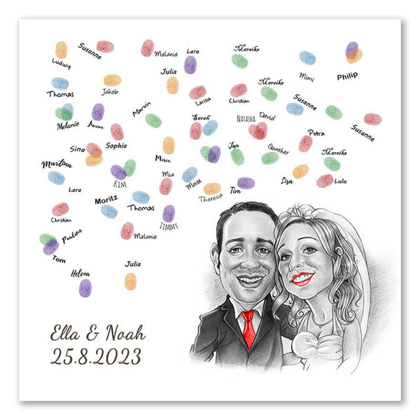 Fingerabdruck-Leinwand - Hochzeitspaar Karikatur Rot (fpca1143r) - Fingerabdruck Leinwand