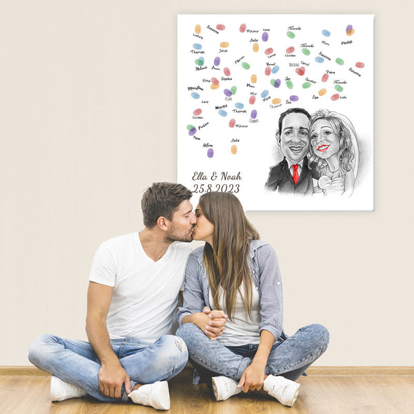 Fingerabdruck-Leinwand - Hochzeitspaar Karikatur Rot (fpca1143r) - Fingerabdruck Leinwand
